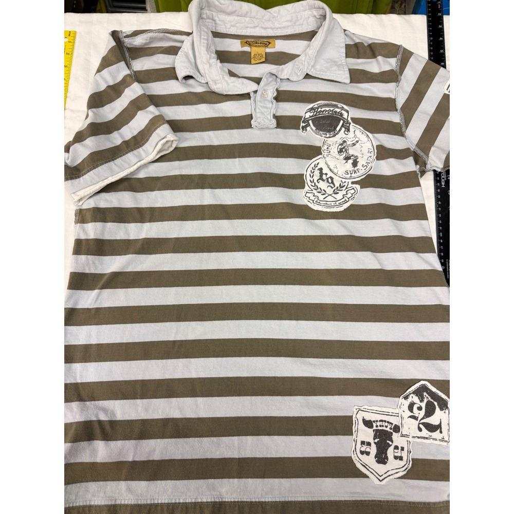 Y-Chrome Mens Striped Polo Shirt LG Blue Y2K Graphic Surfer Grunge Rugby 90s